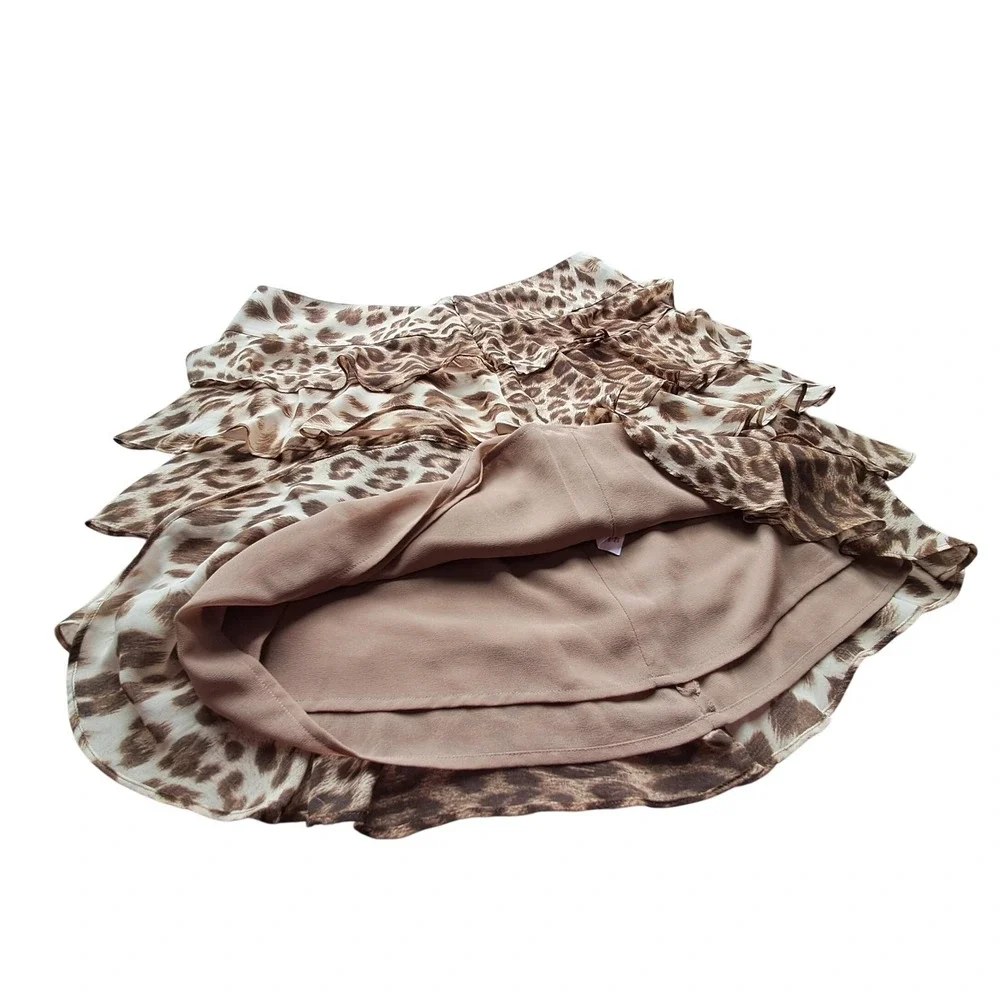 Talbots Leopard Print Tiered Ruffle Mini Skirt Brown Tan Petites 14P Zipper Back